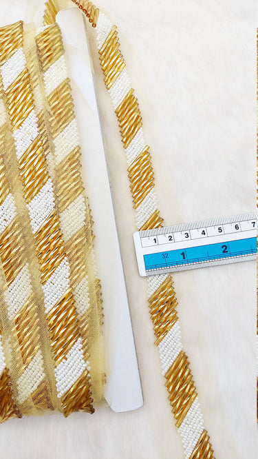 Beige Net Bridal Trim In Gold And White Beaded Embroidery, Hand Embroidered Bead Lace, Embroidered Lace